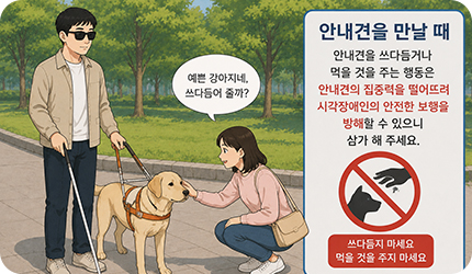 안내견의 집중력을 방해하지 않도록 쓰다듬거나 먹이를 주는 행위를 삼가는 이미지