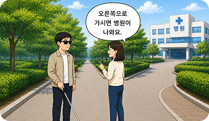 여기, 저기 대신 숫자나 동서남북 방향을 사용하여 구체적인 경로를 설명해 주는 이미지