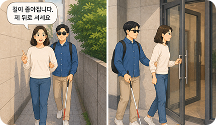 좁은 길에서 안내하는 팔을 뒤로 위치시켜 잡게 하고 출입문 통과 시 손잡이 위치를 알려주는 이미지