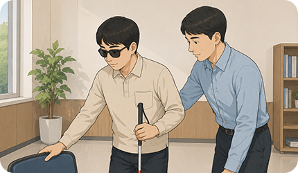 시각장애인의 손이 의자 등받이와 책상에 닿게 하여 스스로 위치를 파악하고 앉을 수 있게 돕는 이미지