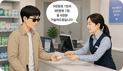 거스름돈을 손에 직접 건네주며 지폐의 권종과 장수, 총액을 상세히 설명하는 이미지