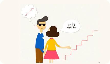 계단 앞에서 멈춰 올라가는지 내려가는지 설명하고 시각장애인이 난간을 잡도록 돕는 이미지