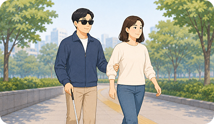 안내자가 시각장애인의 반보 앞에 서서 팔꿈치 윗부분을 잡을 수 있게 안내하는 자세 이미지
